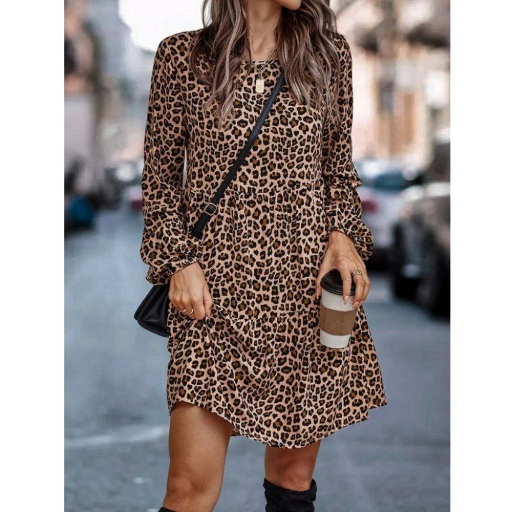 Keyhole Back Ruffle Hem Smock Leopard Print Dress